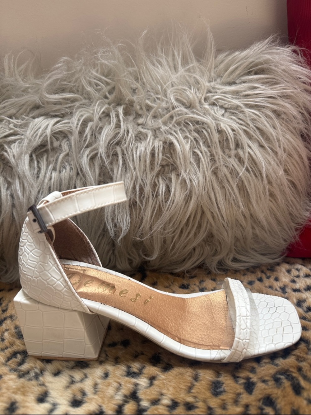 Croc-Embossed White Block Heel Sandals with Ankle StrapBUY NOW PRICE